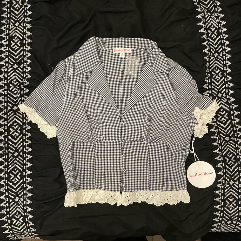 NWT Bailey Rose Navy Blue and White Gingham Women's Top